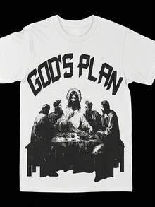 Men's And Women's Casual Short-Sleeve Crew Neck T-Shirt With "God's Plan" Text Print, Printed Tee, Comfortable Fit, Versatile Top, Streetwear Style, Affordable Everyday Wear And Perfect Gift For Fans And Friends. A Short-Sleeve T-Shirt Suitable For Home, Daily Wear, Parties, And Travel-Perfect As A Gift For Friends Or Family. - 白色 - 查看 1