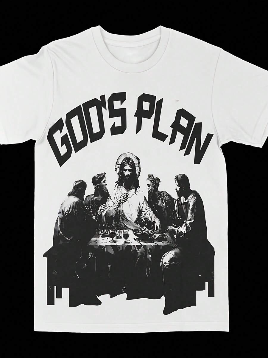 Men's And Women's Casual Short-Sleeve Crew Neck T-Shirt With "God's Plan" Text Print, Printed Tee, Comfortable Fit, Versatile Top, Streetwear Style, Affordable Everyday Wear And Perfect Gift For Fans And Friends. A Short-Sleeve T-Shirt Suitable For Home, Daily Wear, Parties, And Travel-Perfect As A Gift For Friends Or Family. - 白色 - 查看 1