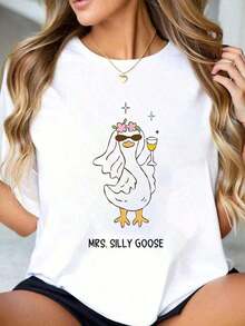 Women's Casual Short Sleeve Crew Neck T-Shirt, 100% Cotton, Mrs. Silly Goose Bride To Be Wedding Drinking Bride Goose T-Shirt, Comfortable Fit, All Season Short Sleeve Crew Neck Top, Graphic Tees For Women, Suitable For Summer - 白色 - 查看 8