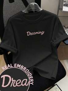 Camiseta casual de cuello redondo de manga corta con bordado "Soñando", top rosa para mujer camisetas para mujer - Estilo - Ver 1