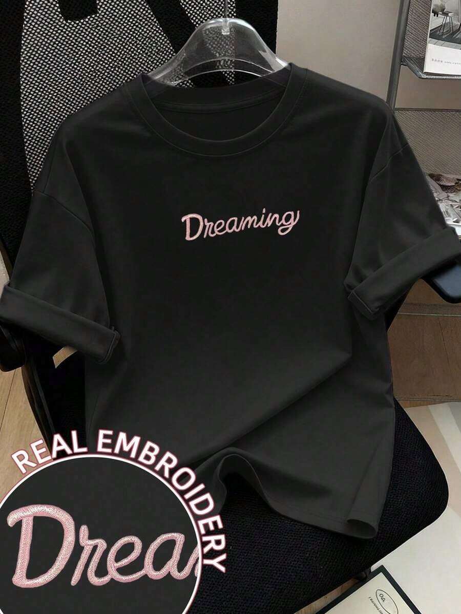 Camiseta casual de cuello redondo de manga corta con bordado "Soñando", top rosa para mujer camisetas para mujer - Estilo - Ver 1