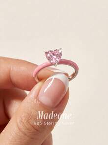 MADEONE 1 chiếc nhẫn bạc 925 hình trái tim màu hồng, thích hợp cho nữ đeo hàng ngày, cũng có thể dùng làm phụ kiện dự tiệc, nhẫn nữ chất lượng cao, món quà trang sức tinh tế. - Hồng - Xem 3