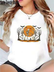 Women's Halloween T-Shirt With Skeleton And Bat Print - Spooky Cemetery Design With Full Moon, Loose Short Sleeve For Spring/Summer, Machine Washable Costume Party Wear - Unisex Loose Cotton Short Sleeve Crew Neck Urban Vintage Style T-Shirt. - 白色 - 查看 8