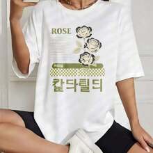 Camiseta de algodón estampada estilo coreano de verano para mujer, con diseño de rosas y texto coreano, manga corta, cuello redondo, top para damas. - Blanco - Ver 1