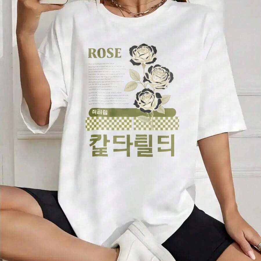 Camiseta de algodón estampada estilo coreano de verano para mujer, con diseño de rosas y texto coreano, manga corta, cuello redondo, top para damas. - Blanco - Ver 1