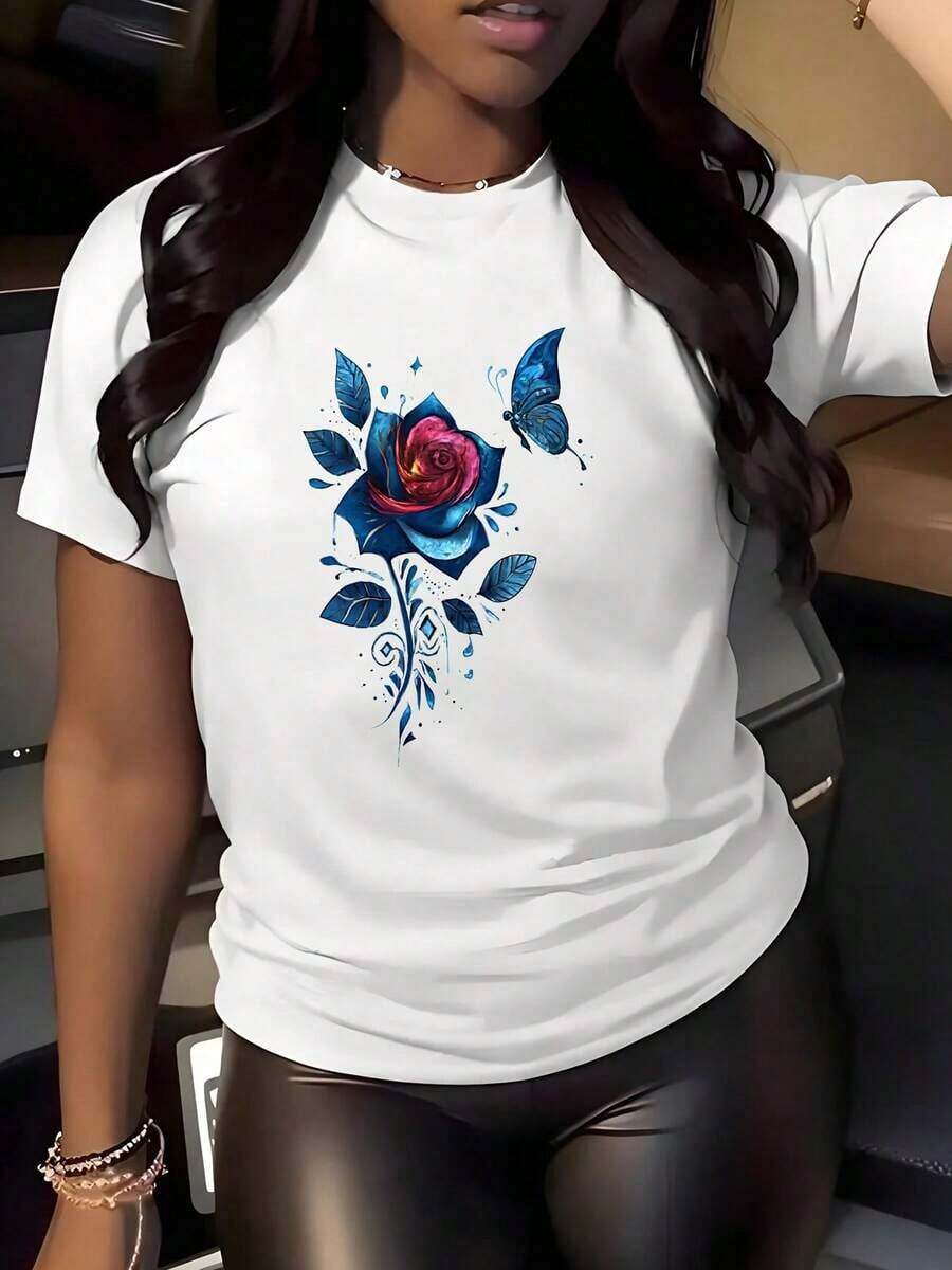 Camiseta Casual de Manga Corta con Cuello Redondo para Mujer, con Estampado de Rosas y Mariposas, Tela Suave y Transpirable, Lavable a Máquina, Cómoda en Todas las Temporadas, Top Versátil, Ajuste Cómodo, Corte Holgado, Camiseta Ligera. - Blanco - Ver 1