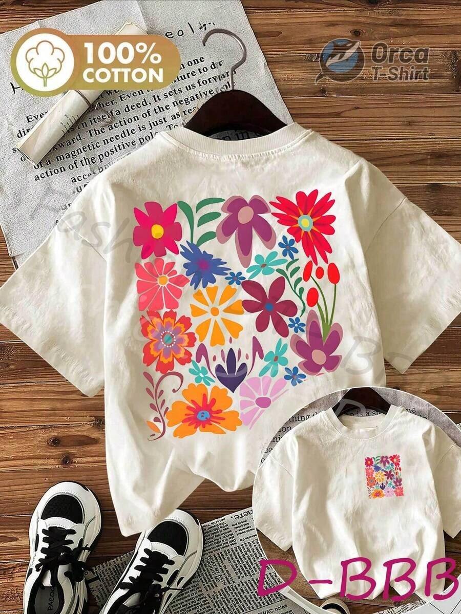 Women's Casual Spring/Summer T-Shirt With Colorful And Contrasting Floral Prints, Double-Sided Print, Cute Retro Style, Crew Neck And Short Sleeves, Perfect For The 4th Of July, World Cup Match Day, Soft And Lightweight T-Shirt, Easy To Match With Any Outfit. Women's 100% Cotton Graphic T-Shirt, Brokey Y2K Style, Crew Neck, Loose Fit. - 杏色 - 查看 1