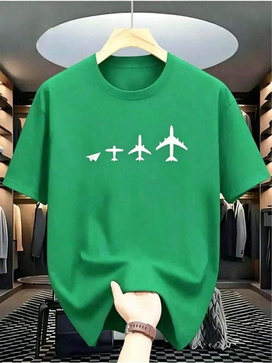 Premium Black Crew Neck T-Shirt With Airplane Evolution Print, Suitable For Casual And Sport Wear, All-Season Short Sleeve T-Shirt, Slightly Stretchy Knit Fabric, Regular Fit, Perfect For Everyday And Weekend Wear. - 綠色 - 查看 1