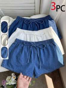Set de 3 piezas de shorts casuales sueltos con cintura anudada para mujer - Multicolor 3 - Ver 7