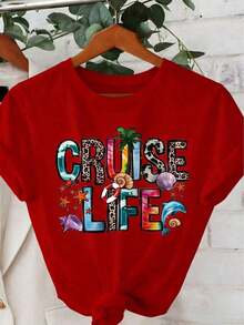 New Women's Casual Loose Summer T-Shirt, Breathable, Vacation Style, Round Neck, Short Sleeve, With Summer Style Letter Print - Unisex Cotton T-Shirt, Short Sleeve, Round Neck, Urban Vintage Style. - 紅色 - 查看 1