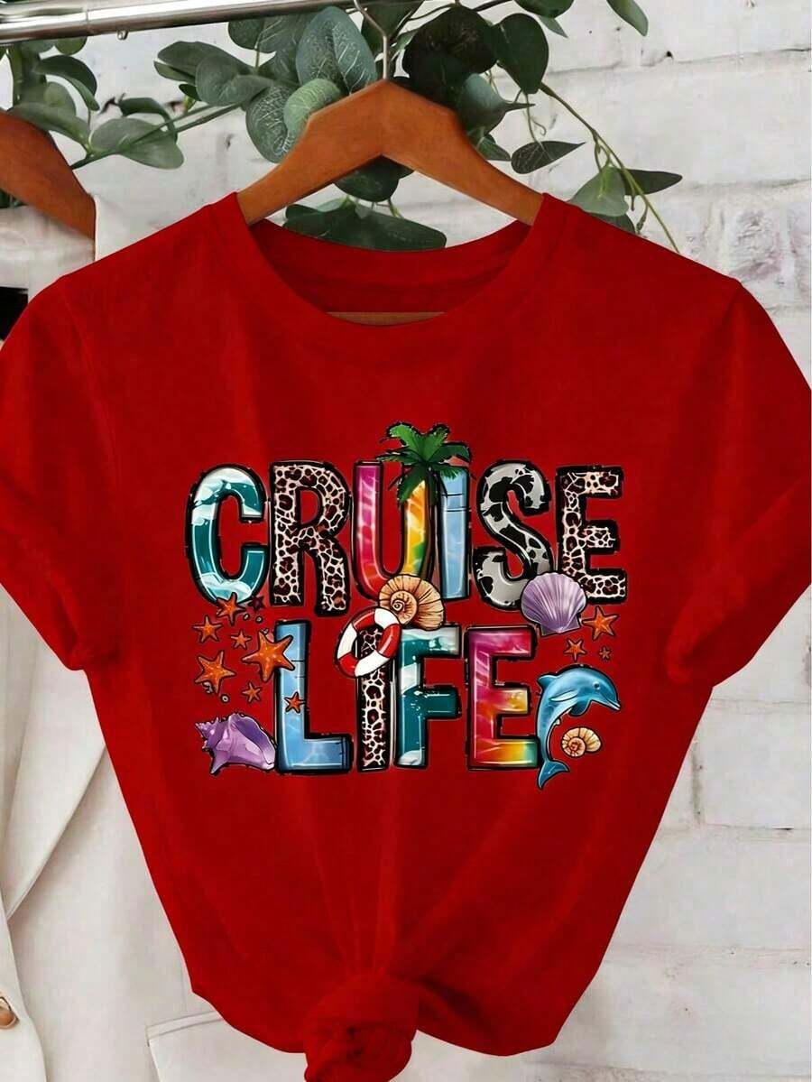 New Women's Casual Loose Summer T-Shirt, Breathable, Vacation Style, Round Neck, Short Sleeve, With Summer Style Letter Print - Unisex Cotton T-Shirt, Short Sleeve, Round Neck, Urban Vintage Style. - 紅色 - 查看 1