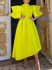 Irregular Solid Color Evening Dress With Double Ruffle Sleeves, New Summer 2026 Style For Women, European-American - 黃色 - 查看 1