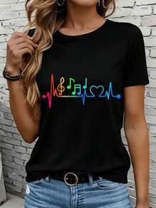 Women's Short-Sleeved T-Shirts In Black And White Are Suitable For Everyday Wear, Lounging At Home, And Outdoor Activities. This T-Shirt Features A Rainbow And Heartbeat Design, A Casual Style, Short Sleeves, And A  Graphic Print Perfect For Music Lovers. It Makes A Great Gift For Parties Or Holidays. - 黑色 - 查看 1