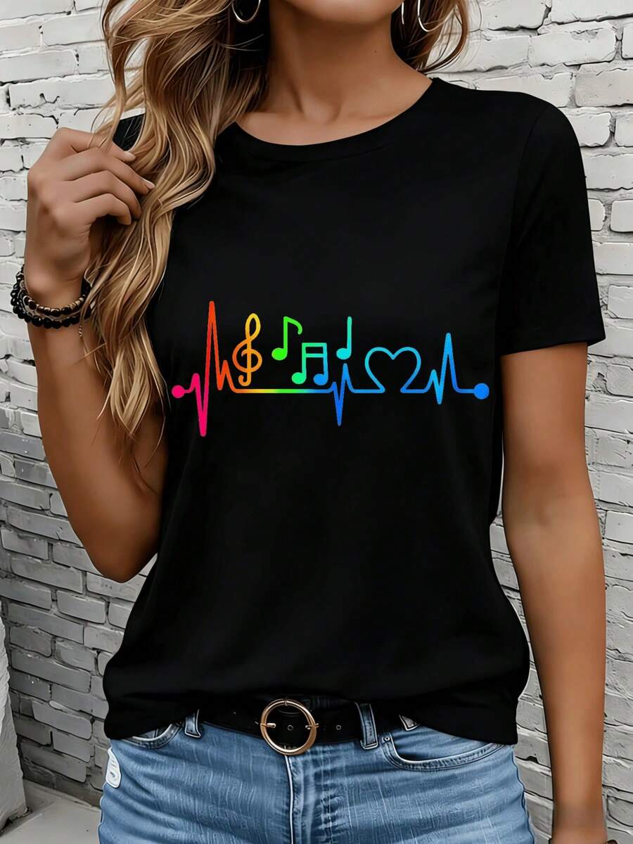 Women's Short-Sleeved T-Shirts In Black And White Are Suitable For Everyday Wear, Lounging At Home, And Outdoor Activities. This T-Shirt Features A Rainbow And Heartbeat Design, A Casual Style, Short Sleeves, And A Graphic Print Perfect For Music Lovers. It Makes A Great Gift For Parties Or Holidays. - 黑色 - 查看 1