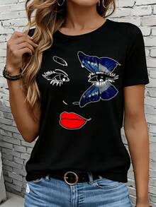 Camisetas de manga corta para mujer en blanco y negro son adecuadas para el ocio diario, el hogar y los viajes al aire libre. Camiseta con estampado de ojo de mariposa, top casual de moda para mujer, ropa de verano blanca, regalo para fiestas y vacaciones. - Negro - Ver 1