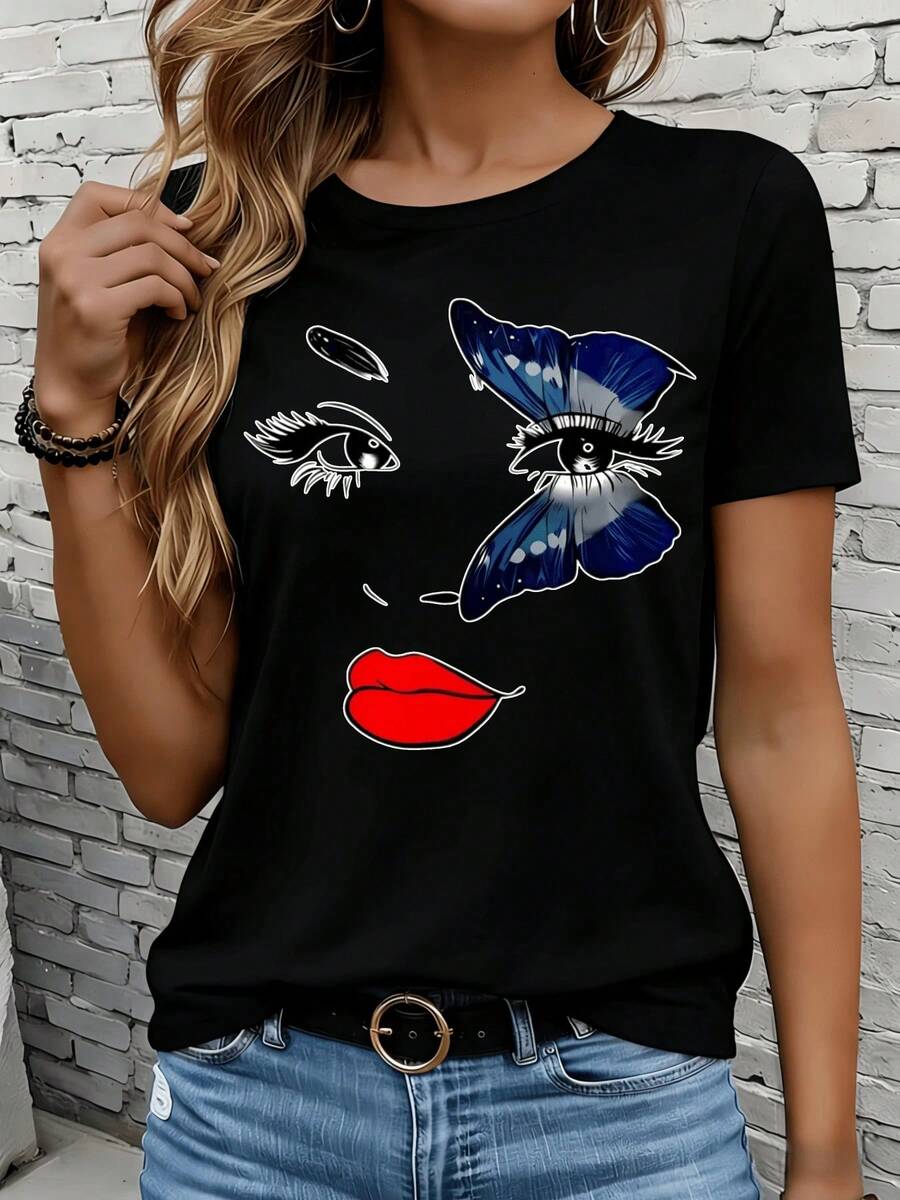 Camisetas de manga corta para mujer en blanco y negro son adecuadas para el ocio diario, el hogar y los viajes al aire libre. Camiseta con estampado de ojo de mariposa, top casual de moda para mujer, ropa de verano blanca, regalo para fiestas y vacaciones. - Negro - Ver 1