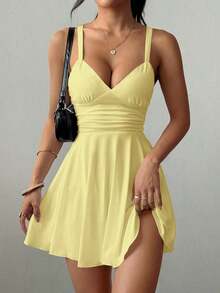 Vestido corto de punto sexy y elegante con escote en V, cintura fruncida y tirantes finos para mujer - amarillo ganso - Ver 7