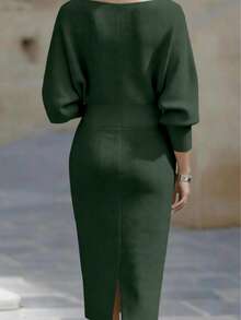 Women's Fashionable Elegant V-Neck Long Sleeve Dress, Batwing Sleeve Design, Waist-Cinching, Sexy And Graceful - Army Green - View 3