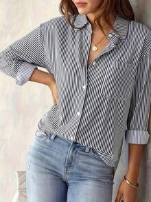 Nueva llegada Cárdigan superior con estampado floral y de rayas de otoño, camisa de manga larga de moda casual para mujer en primavera - Gris Oscuro - Ver 5