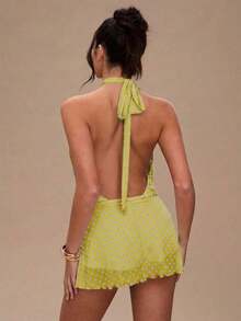 Vestido mini con estampado de lunares y espalda descubierta para mujer - Mostaza Amarilla - Ver 2