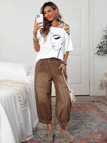 Pantalones vaqueros casuales de mujer con cintura con cordón y lavado vintage, pantalones casuales de mujer, pantalones de verano de mujer con cintura elástica, pantalones de mujer con bolsillos, pantalones caqui de mujer - Café integral - Ver 5
