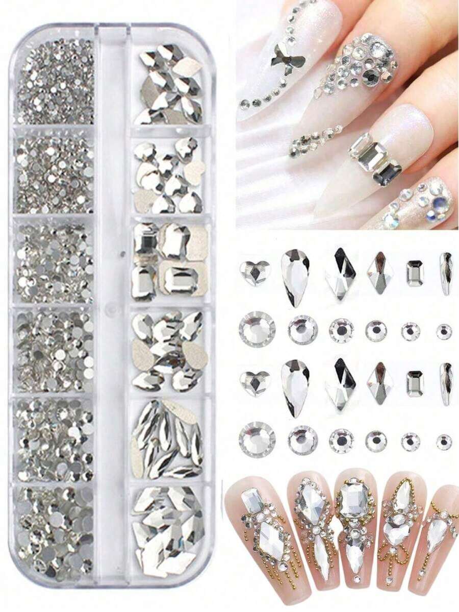 Đá pha lê trắng trang trí móng tay, hạt tròn dẹt 1.5mm-4mm, đá quý thủy tinh nhiều hình dạng và kích cỡ, dùng để trang trí móng tay, đồ thủ công DIY, quần áo, giày dép, trang sức. - trắng - Xem 1