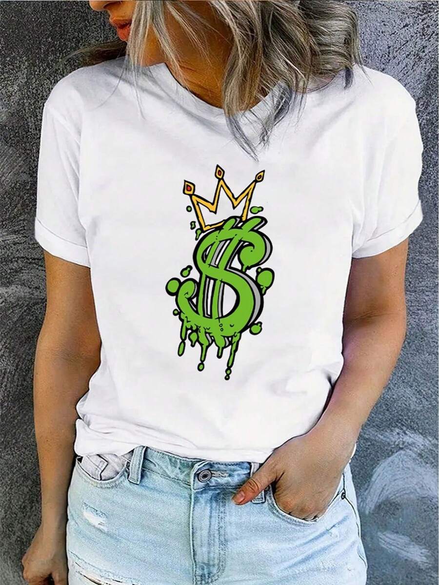 Women's Round Neck Short Sleeve T-Shirt With Money Print For Spring And Summer. - White - View 1