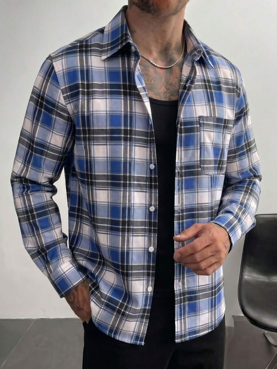 男士黑蓝撞色格纹衬衫,时尚撞色格纹数码印花长袖纽扣衬衫,现代修身单口袋上衣,休闲商务街头风秋季衬衫 - 彩色 - 查看 1