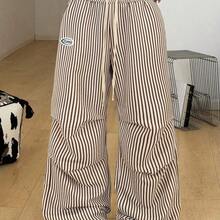 Women's Plus Size Summer Going Out Outfit Casual Streetwear Mid Rise Wide Leg Elastic Waistband  Letter Graphic Drawstring Waist Pocket Striped Pleated Pants Oversized Inclusive Sizing Pant - Azul y blanco - Ver 4