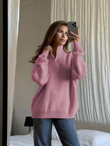 Women's Simple Ribbed Solid Color Casual Korean Textured Commute Loose Versatile Stand Collar Zipper Half-Placket Pullover Long Sleeve Sweater, Spring/Autumn/Winter - Light Pink - View 5