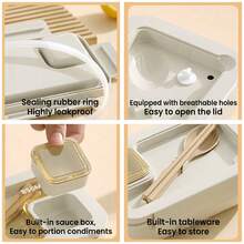1 pieza Caja Bento - Beige - Con utensilios, Caja de almuerzo para adultos apta para microondas, Contenedor de almacenamiento de alimentos dividido, Bolsa de almuerzo bento aislada, Caja de almuerzo de gran capacidad, Caja bento de almuerzo a prueba de fugas - Multicolor - Ver 3
