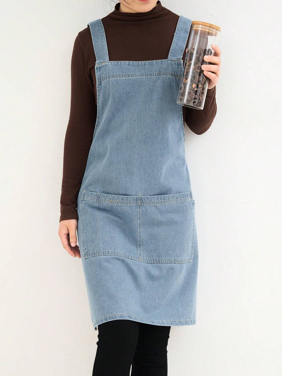 1 buah Celemek Denim, Tahan Minyak, Bernapas, dan Tahan Lama, Cocok untuk Barista, Kafe, dan Toko Roti, Seragam untuk Pria dan Wanita - Gaya tali - View 1