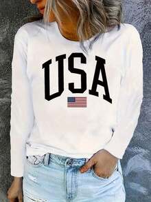 CHICLY19 Mujeres EE.UU. Bandera Largo Manga Camiseta Patriótico EE.UU. Carta Gráfico Tee, Informal Cuello redondo Superior, Estadounidense Bandera Inspirado Imprimir Camisa Suelto Ajuste Suave Tela Superior, 4º De Julio Independencia Día Conjunto de ropa EE.UU. Orgullo Informal Desgaste, Minimalista EE.UU. Diseño Tee, Cómodo Todos los días Largo Manga Camisa Estadounidense Estilo Patriótico Ropa, vestimenta Simple EE.UU. Bandera Gráfico Superior, Informal Vacaciones Conjunto de ropa Para Mujeres-Vintage Calle Estilo Unisexo Suelto Algodón Corto Manga Tripulación Cuello Camiseta 100% algodón puro - Blanco - Ver 7