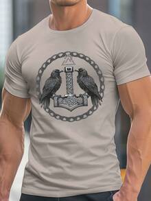 Camiseta Casual de Manga Corta con Cuello Redondo y Motivo Inspirado en los Nórdicos para Hombres, TALLA GRANDE - Negro - Ver 6