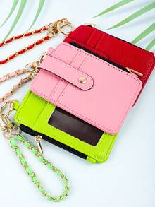 1pc Women's PU Leather Card Holder Wristlet - Litchi Texture Mini Wallet With Detachable Gold Chain, Transparent ID Window & Zipper Coin Pocket, Multi-Slot Organizer For Everyday Use - Multicolor - View 4