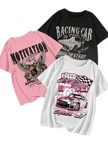 Conjunto de camiseta casual de una pieza, con diseños de coches de carreras, motocicletas y coches clásicos, diseñado específicamente para mujeres, perfecto para usar en verano. - Negro - Ver 1