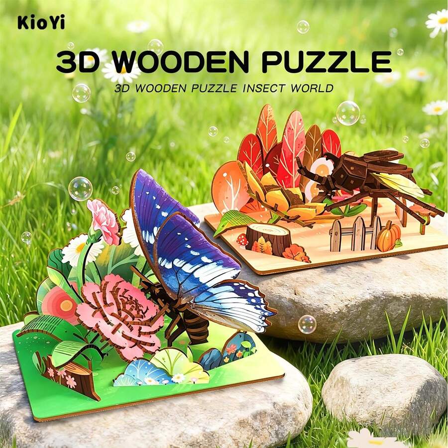 2pcs Kids Insect Theme 3D Wooden Puzzles, DIY Assembly Butterfly And Beetle Models, Creative Educational Toys, Desktop Decor, Perfect Birthday And Holiday Gifts For Boys And Girls - Multicolor - View 1