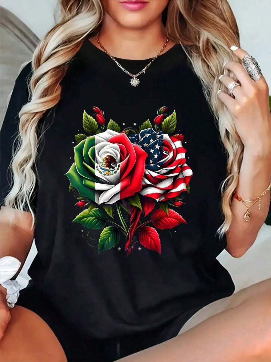 Women's Cotton T-Shirts With Round Neck And Graphic Print, Casual Oversized Short Sleeve T-Shirts With Mexican And American Flag Rose Print, Unisex T-Shirts, Spring And Summer T-Shirts For Women. - 黑色 - 查看 1