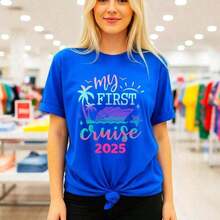 Women's Graphic T-Shirt "My First Cruise" - Short-Sleeve Crew Neck Cotton Summer Vacation T-Shirt With Cruise Ship And Palm Tree Print, Sizes S-5XL. Versatile For Everyday Casual Wear. Soft - 藍色的 - 查看 6