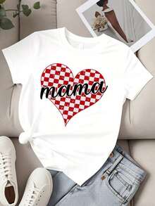 Camiseta de Cuello Redondo para Mujer, Estampado de Corazón a Cuadros Rojo y Blanco, Manga Corta, Estilo Casual para Uso Diario, Regalo para el Día de la Madre - Blanco - Ver 2
