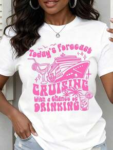 Camiseta de cuello redondo para mujer con estampado gráfico "Hoy tengo planes de paseo con posibilidad de tomar una copa", manga corta, para cruceros, vacaciones y fiestas. - Blanco - Ver 1