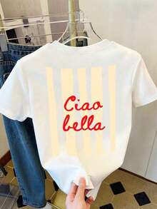 Women's 'Ciao Bella' Print T-Shirt, Elegant Short Sleeve Round Neck Top, High Elasticity Summer Casual T-Shirt, White - 白色 - 查看 4