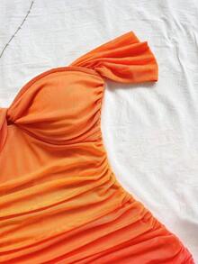 Vestido mini ajustado de punto rojo con hombros descubiertos para mujer, diseño con espalda calada, adecuado para vacaciones, citas, té de la tarde, temporada de bodas, playa, crucero, vacaciones en la ciudad, vacaciones bohemias, festivales de - Naranja - Ver 6