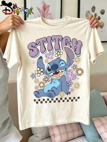Disney Lilo & Stitch Retro Floral Kids Beige T-Shirt, Breathable & Skin-Friendly Stitch Print Casual Top For Girls, Ideal For Kids' Travel Outfits - Màu be - Xem 3