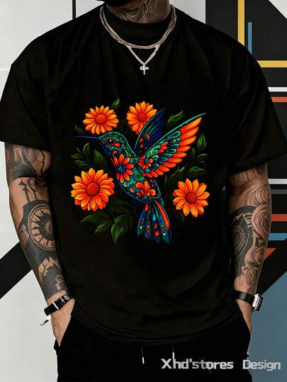 Camiseta para hombre Diseño Floral de Colibrí Colorido Cómodo y versátil Ropa casual de manga corta para exterior