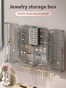 1pc Large Capacity Dustproof Jewelry Box, High Transparent PET Wall Mounted Jewelry Organizer, Hole-Free Earring Necklace Hairband Display Storage Rack For Home Use - Multicolor - View 2