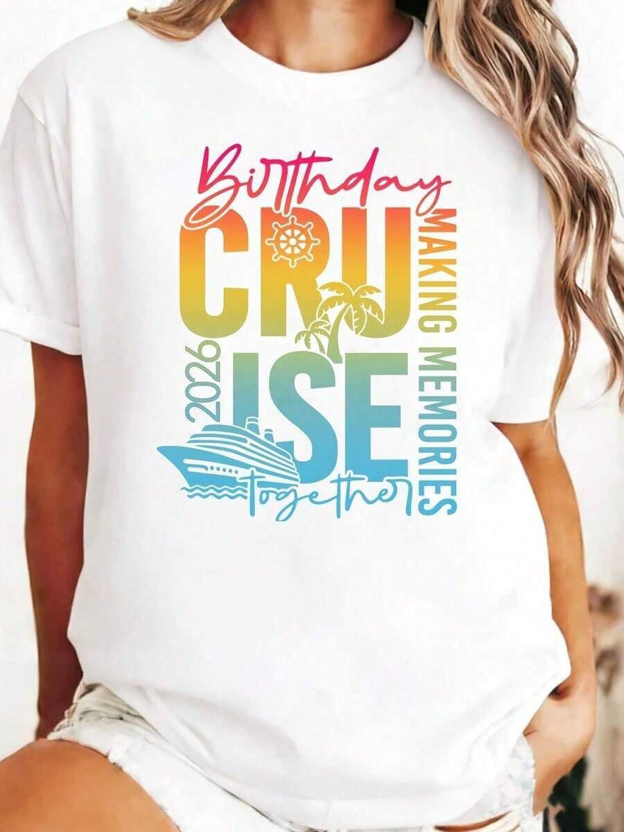 Camiseta de Cumpleaños de Crucero 2026: Haciendo Recuerdos Juntos con Diseño de Barco, Palmera y Brújula para Celebración de Vacaciones - Blanco - Ver 1