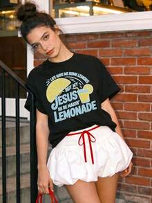 Women's Summer Clothing, Soft And Casual Cotton T-Shirt With Round Neck, Lemon Print With The Phrase "LIFE GAVE ME SOME LEMONS BUT MY JESUS HE BE MAKIN' LEMONADE". Black Color. - 黑色 - 查看 3
