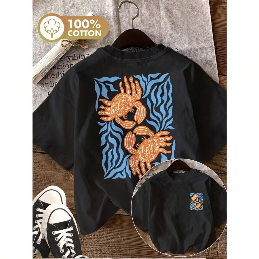 Women's Reversible Printed T-Shirt With A Fun Crab And Seaweed Design, Perfect For Spring And Summer - [Negro] - View 1