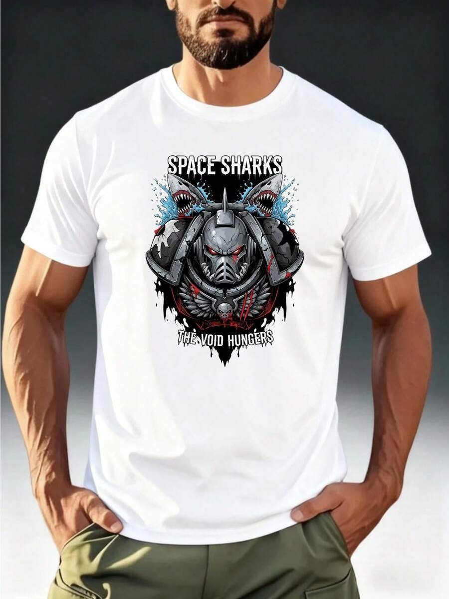 Camiseta de manga corta para hombre, de puro algodón con estampado de mecha de tiburón espacial, temática de ciencia ficción y estilo oscuro, informal y cómoda. - Blanco - Ver 1